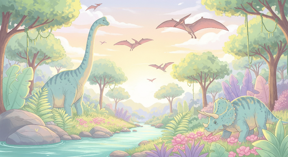 Kids-Mundo flat artwork of a pastel dinosaur valley with pterodactyls and a triceratops by a river.