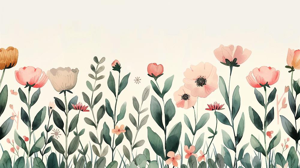 Kids-Mundo flat artwork of pastel watercolour poppies and wildflowers in a soft meadow