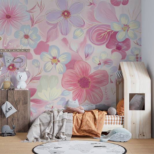 Pastel flowers wall mural by Kids-Mundo behind a bed in a girl's bedroom