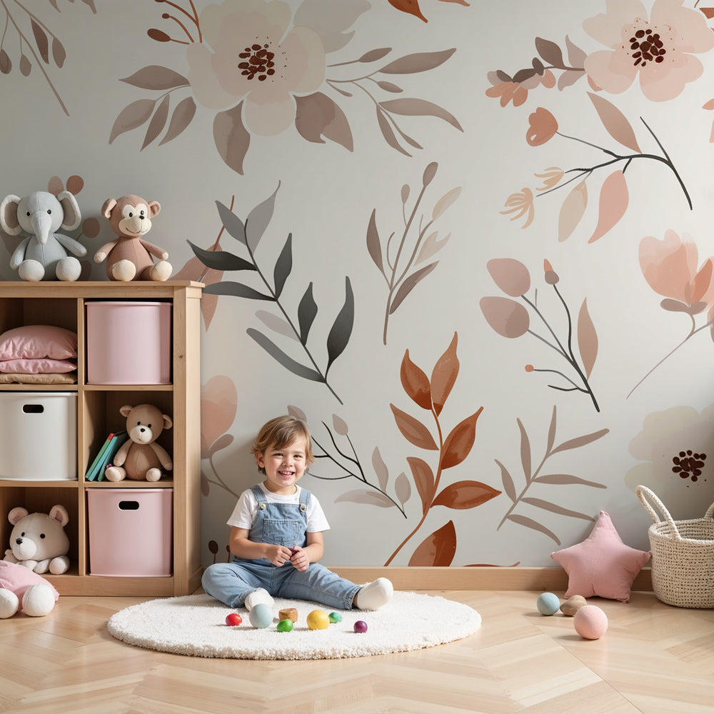 Pastel floral mural wallpaper in modern baby nursery with terracotta tones by Kids-Mundo