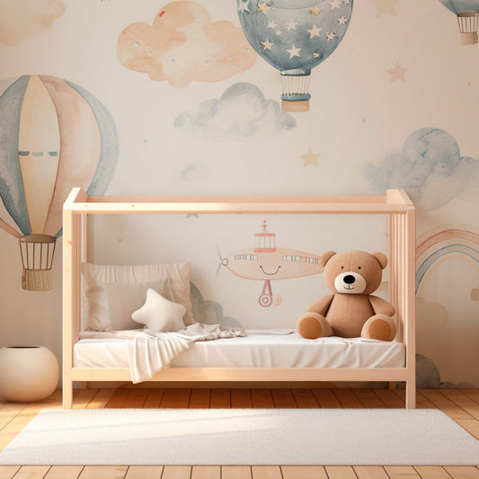 Kids-Mundo balloon and cloud pattern mural shown on a child's bedroom wall