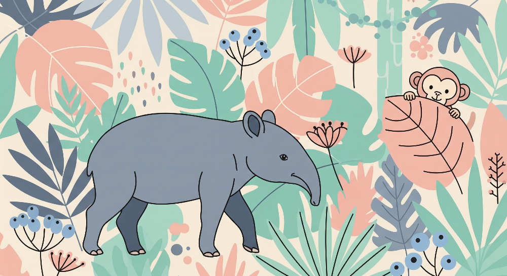 Pastel Jungle Tapir and Monkey Wall Mural