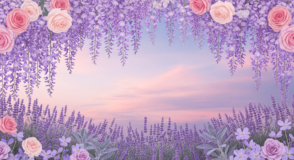 Flat artwork preview of the Kids-Mundo lavender and rose wreath wall mural framing a soft pastel sky
