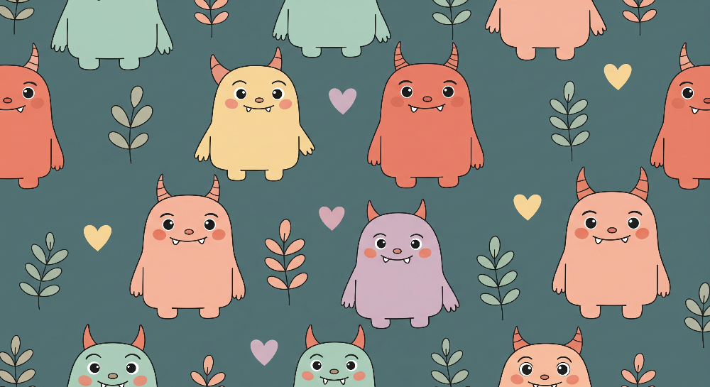 Kids-Mundo flat artwork of smiling pastel horned monsters with leaves and hearts on a slate background