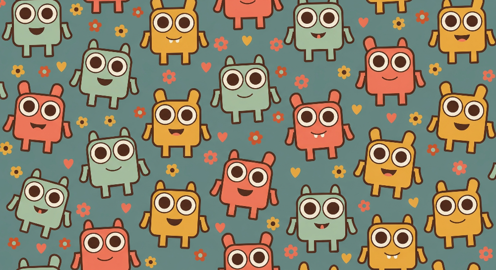 Cute Pastel Monsters with Flowers and Hearts Wall Mural