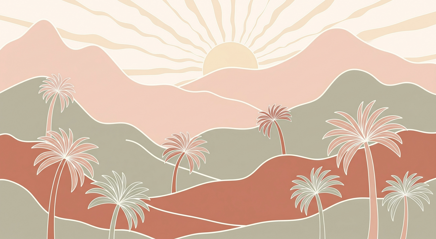 Kids-Mundo flat artwork of pastel mountains, a rising sun and swaying palm trees