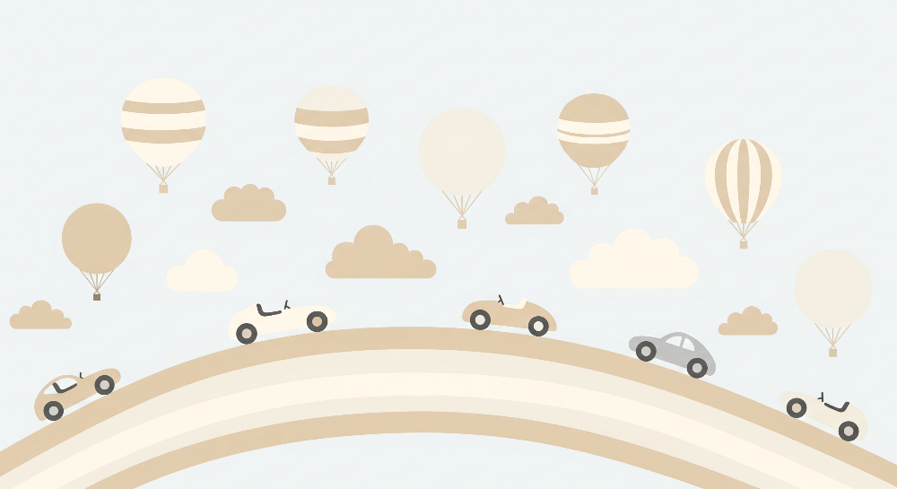 Vintage Cars and Balloons on a Pastel Rainbow Wall Mural