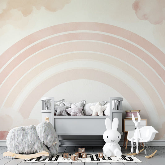 Kids-Mundo rainbow and clouds wall mural in a calm pastel kids bedroom.