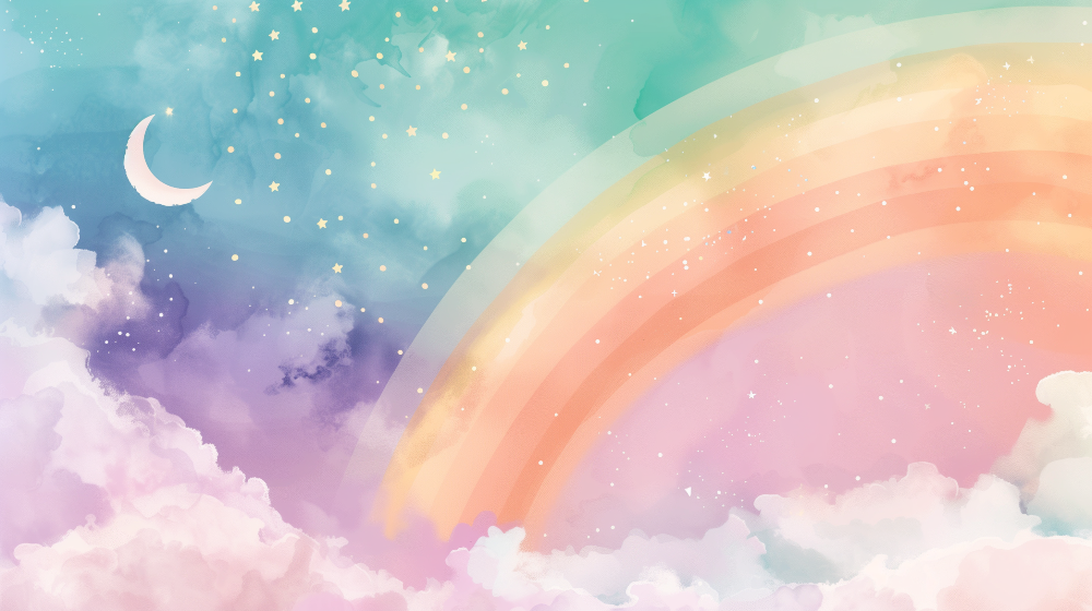Kids-Mundo watercolour artwork of a pastel rainbow, crescent moon and starry sky
