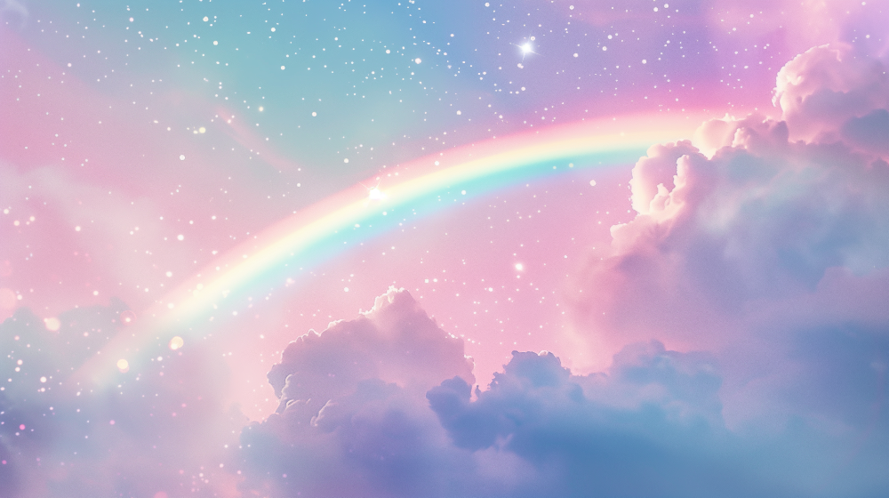 Kids-Mundo pastel rainbow wall mural flat artwork with starry sky and fluffy clouds