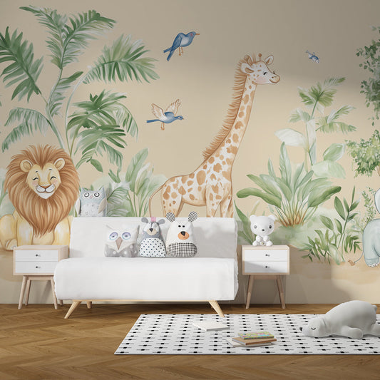 Kids-Mundo lion giraffe and elephant safari mural wallpaper decorating a kids bedroom wall