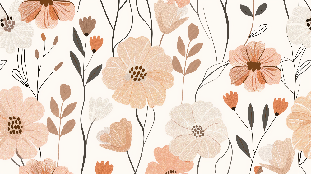 Kids-Mundo flat pattern of hand-drawn blush and terracotta flowers with fine leaf outlines