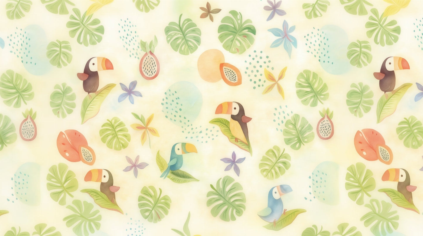Kids-Mundo pastel toucan mural artwork with dragon fruit, papaya and tiny flowers on blush cream