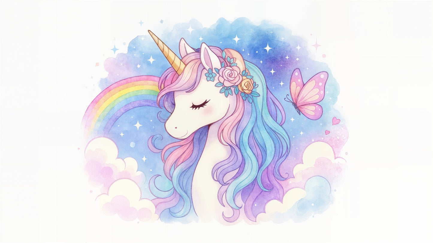 Kids-Mundo flat artwork preview of the rainbow unicorn portrait wall mural design