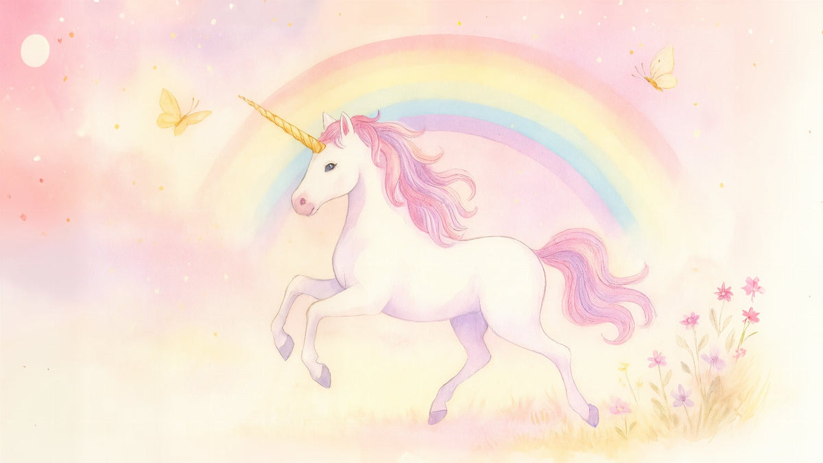 Pastel Watercolour Unicorn Prancing Under Rainbow Wall Mural