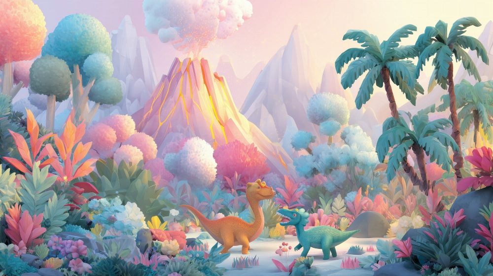 Pastel Dinosaur Friends by a Volcano Wall Mural