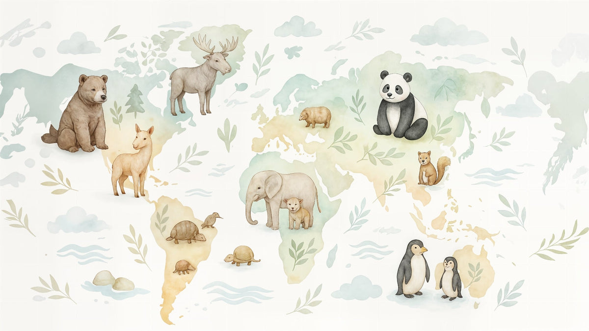 Soft Watercolour World Map with Animals Wall Mural
