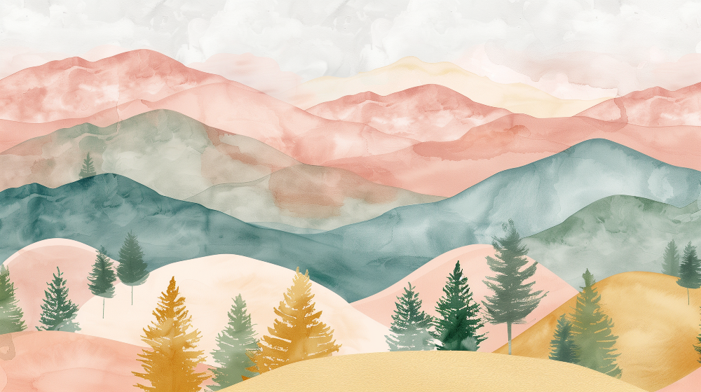 Pastel Watercolour Mountains and Pines Wall Mural