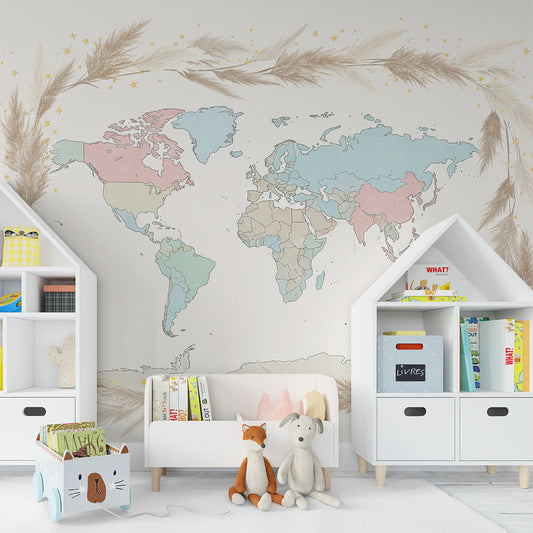 Pastel world map wall mural by Kids-Mundo styled as a calm feature wall in a child's bedroom