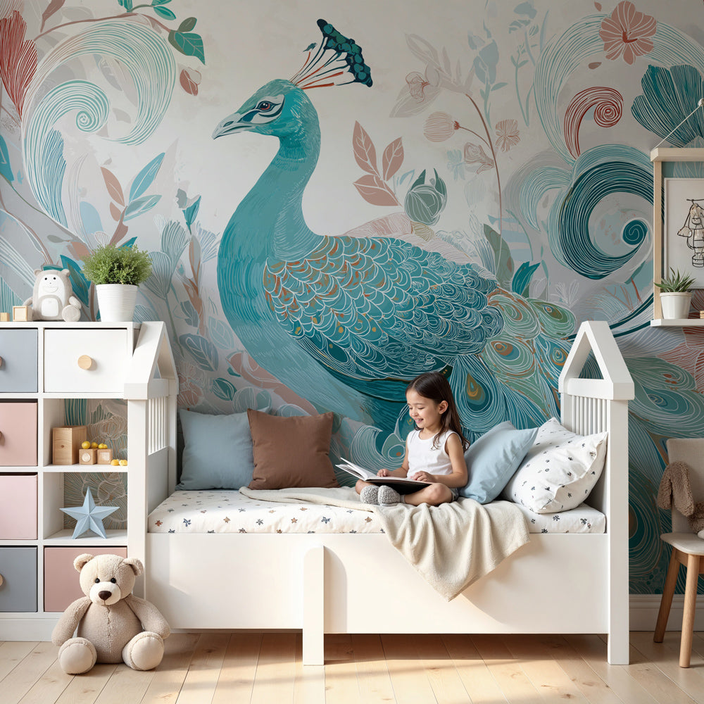 Elegant peacock mural wallpaper with turquoise bird and flowers in modern kids nursery by Kids-Mundo