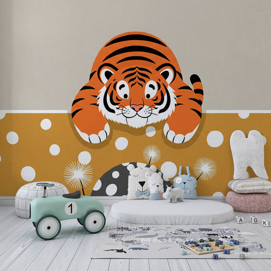 Kids-Mundo playful tiger wall mural brightening a child's bedroom with mustard and orange tones