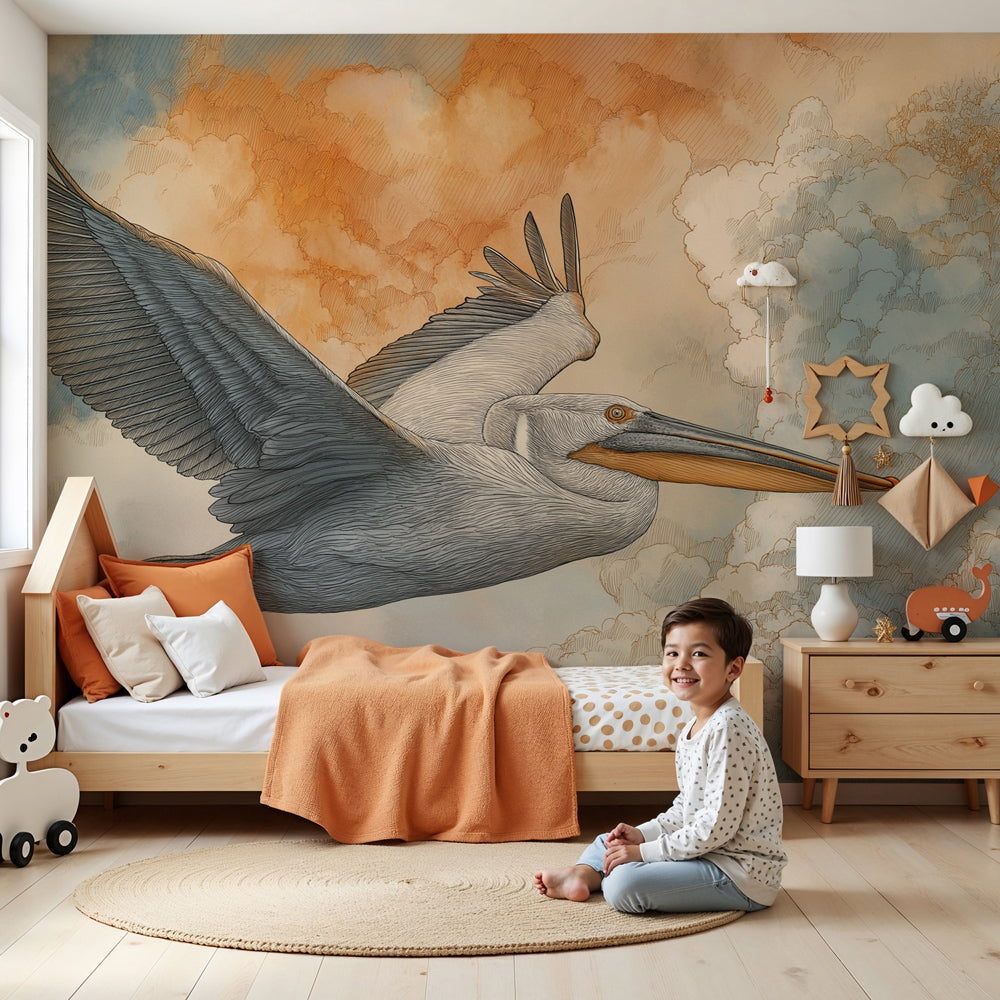Majestic pelican mural wallpaper in modern nursery with wooden crib by Kids-Mundo