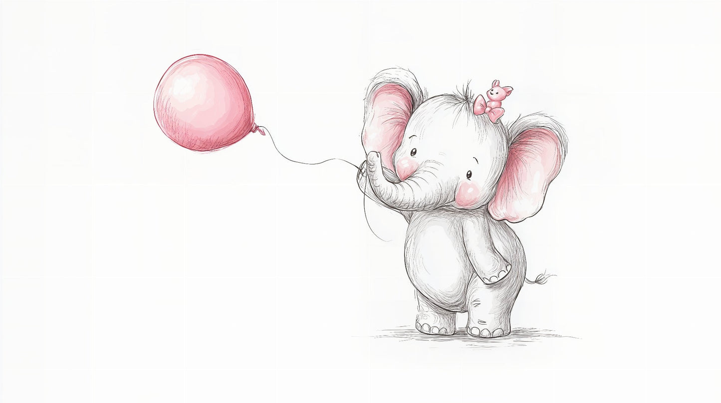 Kids-Mundo flat artwork of a pencil-sketch baby elephant holding a pink balloon on a white background