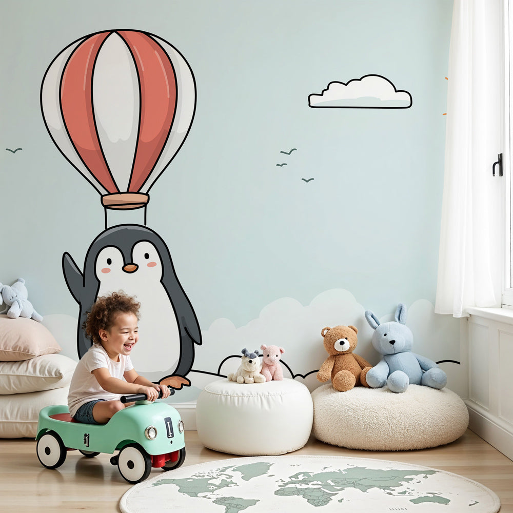 Penguin adventure mural wallpaper with hot air balloon in modern nursery by Kids-Mundo