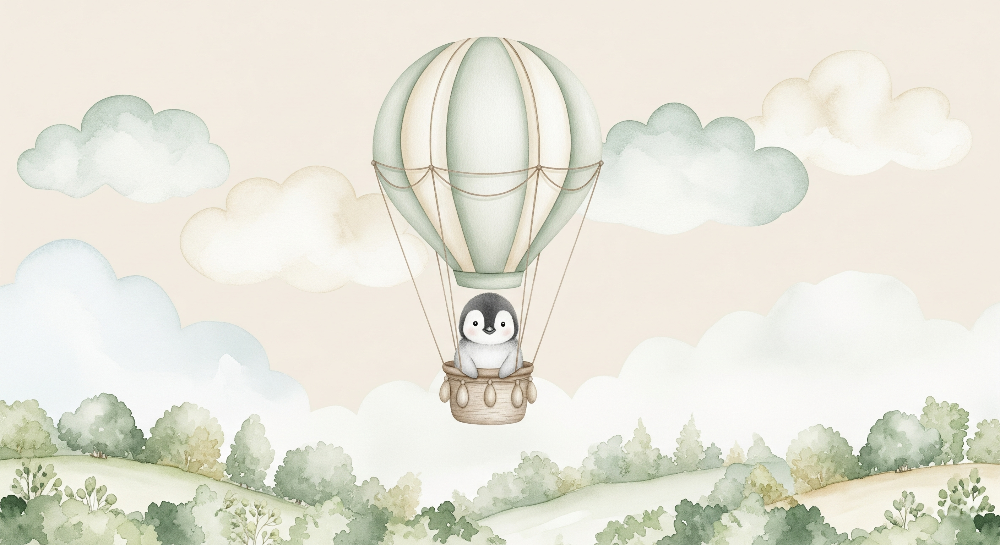 Flat artwork of the Kids-Mundo penguin hot air balloon wall mural over rolling green hills