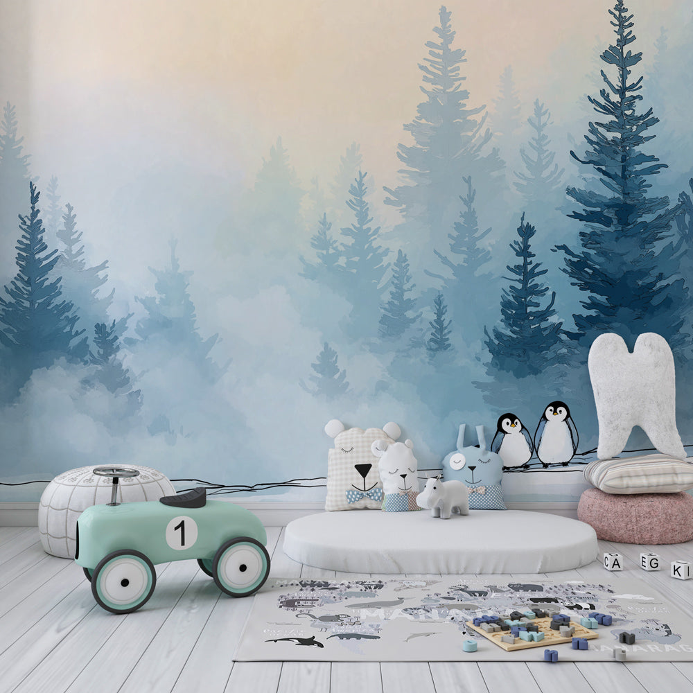 Winter penguin mural wallpaper creating cozy atmosphere in children's bedroom decor