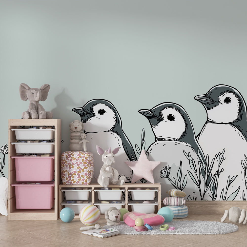 Arctic penguin wallpaper in modern children's bedroom showcasing gentle pastel design