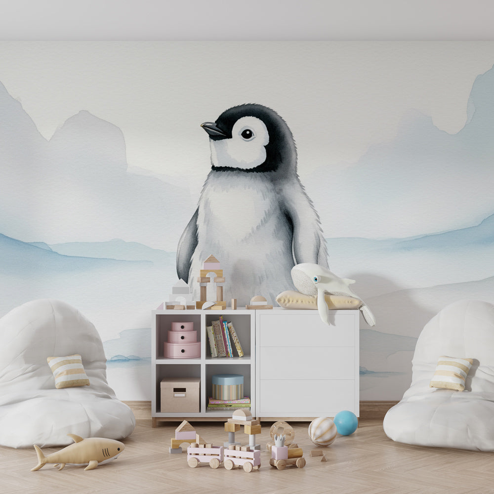 Arctic penguin wallpaper creating peaceful atmosphere in children's bedroom decor