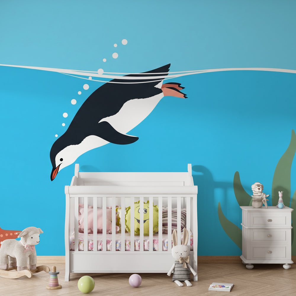 Swimming penguin wallpaper creating peaceful underwater theme in baby's bedroom decor