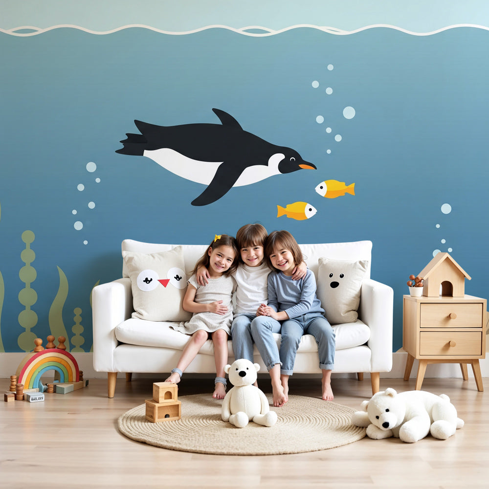 Penguin ocean mural wallpaper creating underwater themed nursery decor by Kids-Mundo