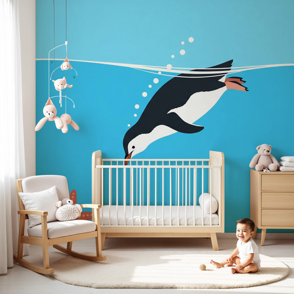 Penguin ocean mural wallpaper in modern nursery with white crib and light wood furniture by Kids-Mundo