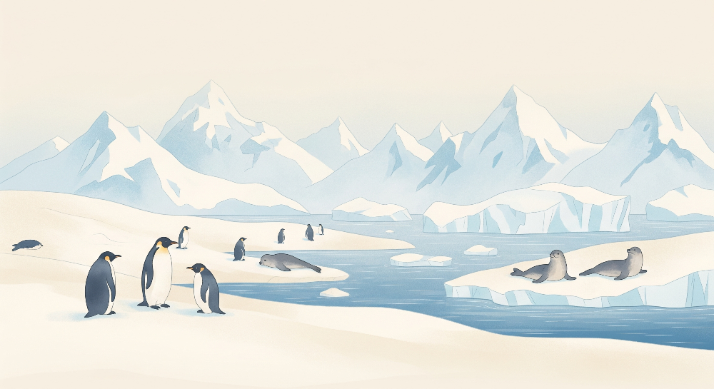 Kids-Mundo flat artwork of penguins and seals gathered on an icy landscape illustration