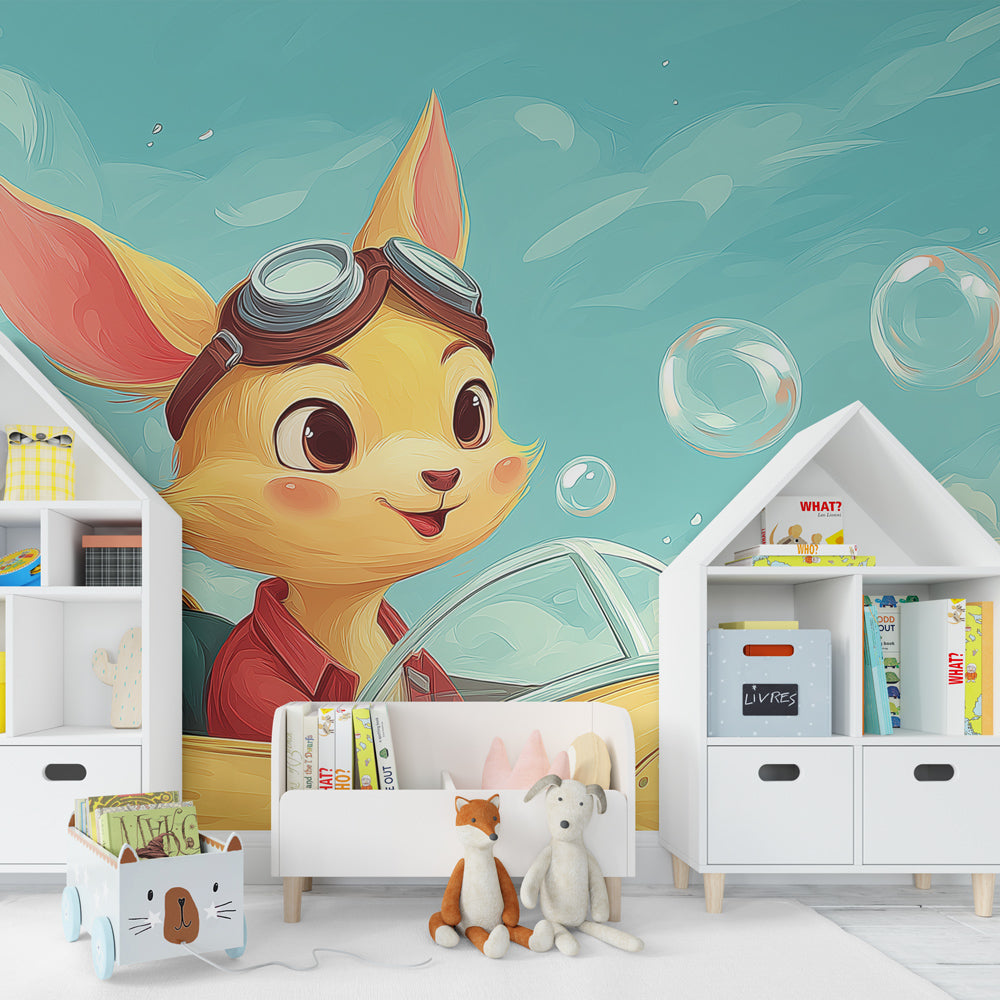 Aviation themed wallpaper creating magical kids bedroom with flying pilot and clouds