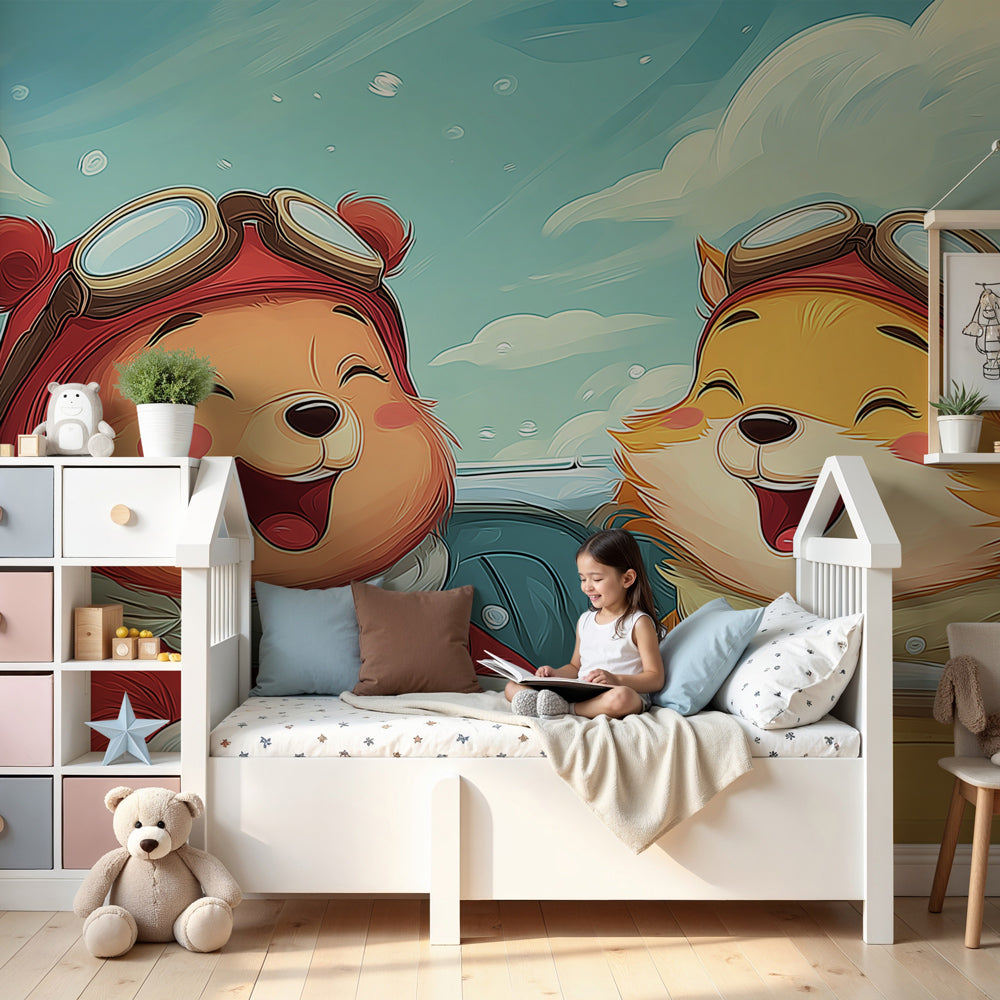 Pilot bears mural wallpaper in cozy nursery with flying teddy bears theme by Kids-Mundo