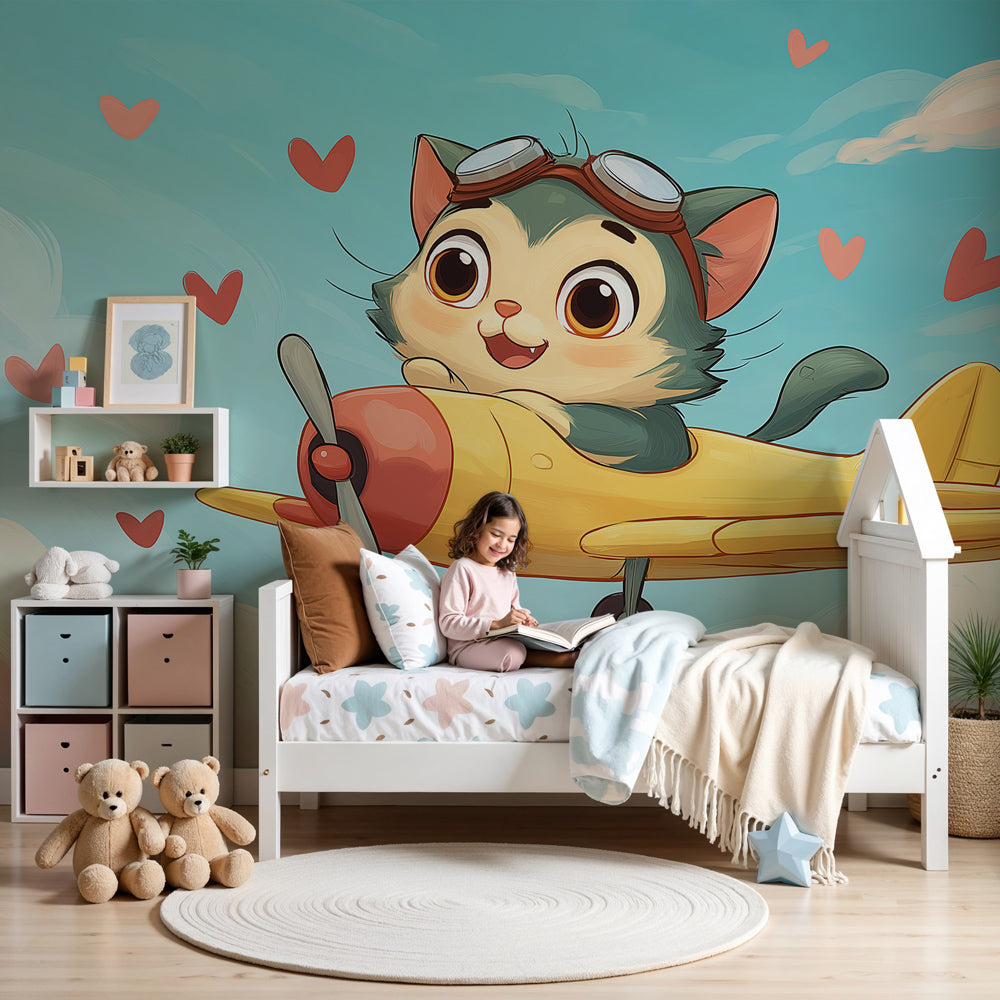 Pilot cat mural wallpaper in bright nursery with white crib and wooden furniture by Kids-Mundo
