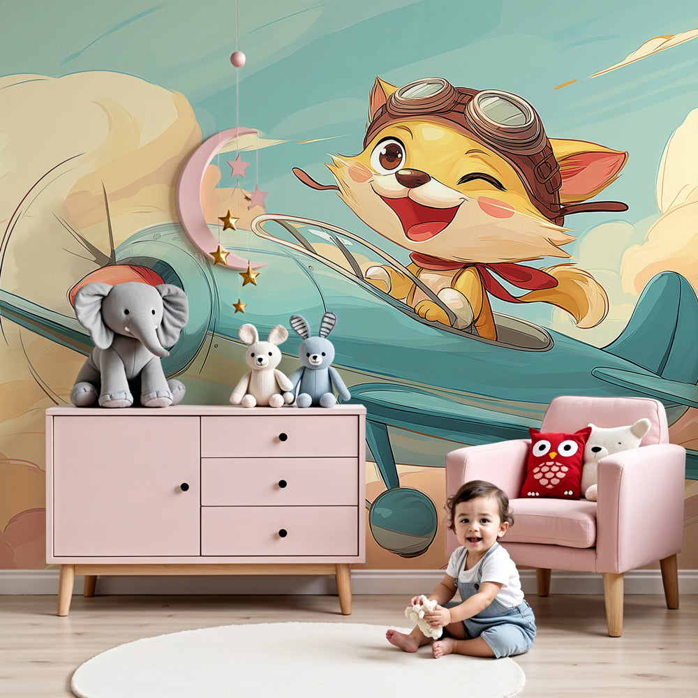 Pilot kitten mural wallpaper creating whimsical aviation nursery decor by Kids-Mundo