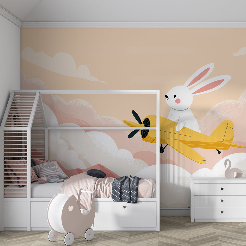 Sky adventure wallpaper with rabbit pilot in yellow airplane for children's bedroom