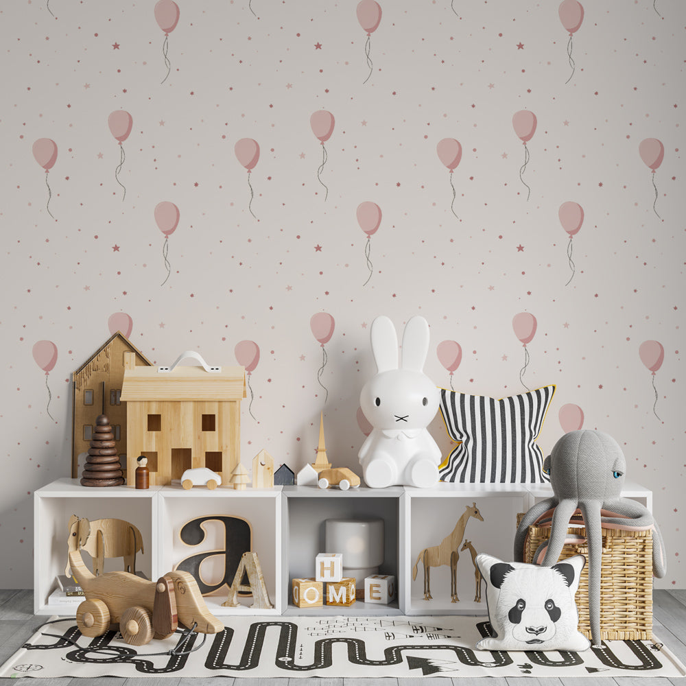 Children's bedroom featuring pink balloon and star mural wallpaper by Kids-Mundo