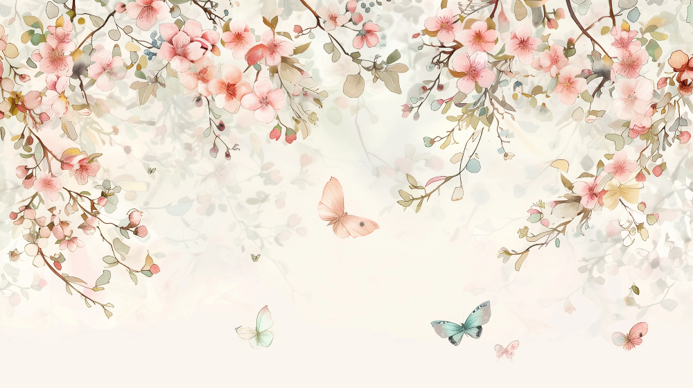 Kids-Mundo flat artwork of the pink blossom branches wall mural design