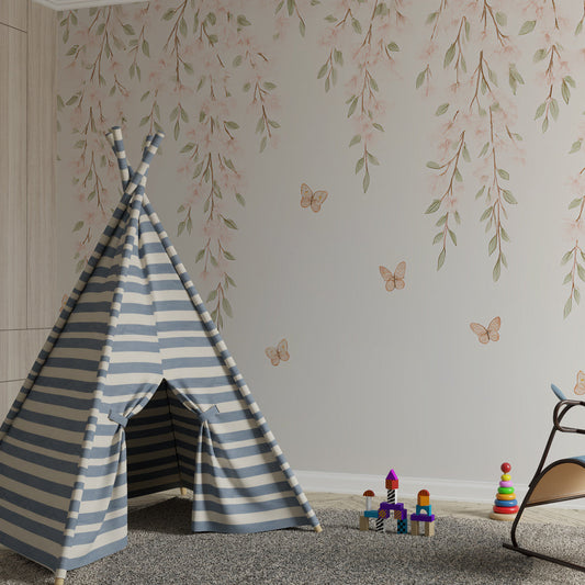 Kids-Mundo delicate blossom wall mural with butterflies in a young girl's bedroom.