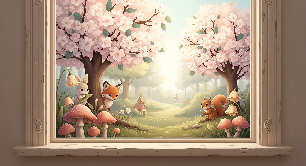 Blossom Woodland Window Fox and Bunny Wall Mural