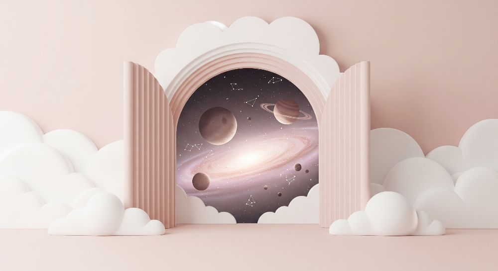 Kids-Mundo flat artwork of a pink cloud archway opening onto a starry spiral galaxy.