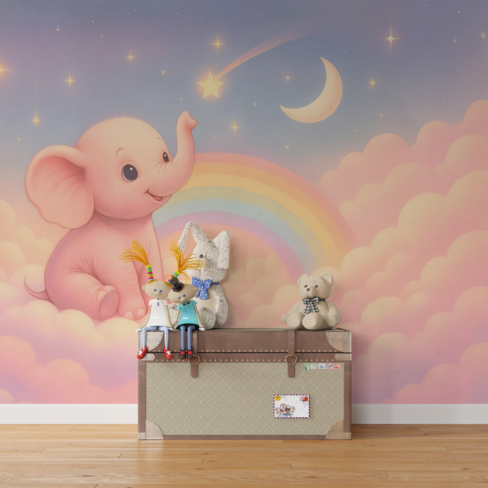 Dreamy elephant wallpaper creating magical atmosphere in children's bedroom decor