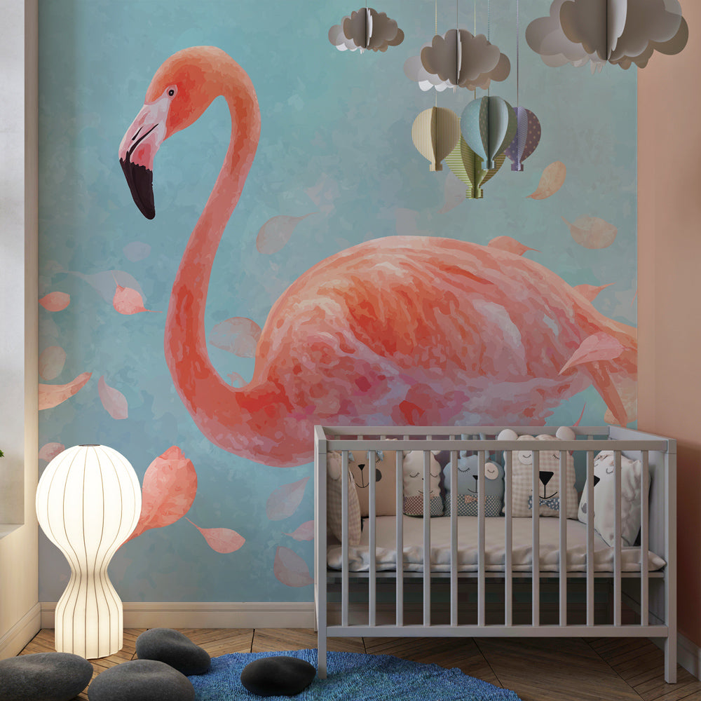 Serene flamingo wallpaper creating peaceful kids bedroom decor with falling leaves design