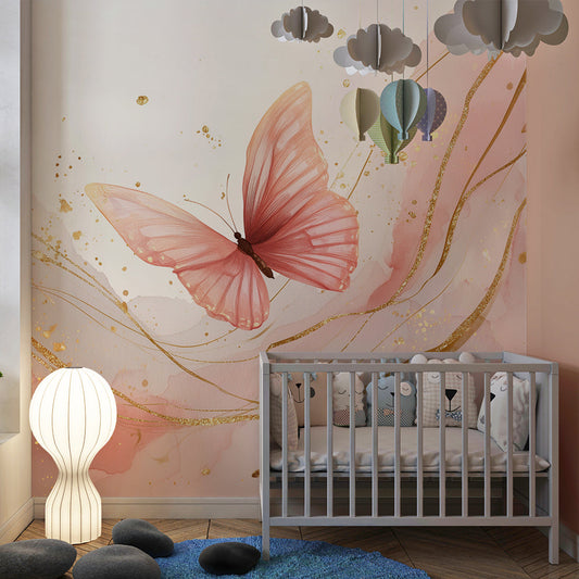 Pink and gold butterfly wall mural by Kids-Mundo installed in a girl's bedroom.