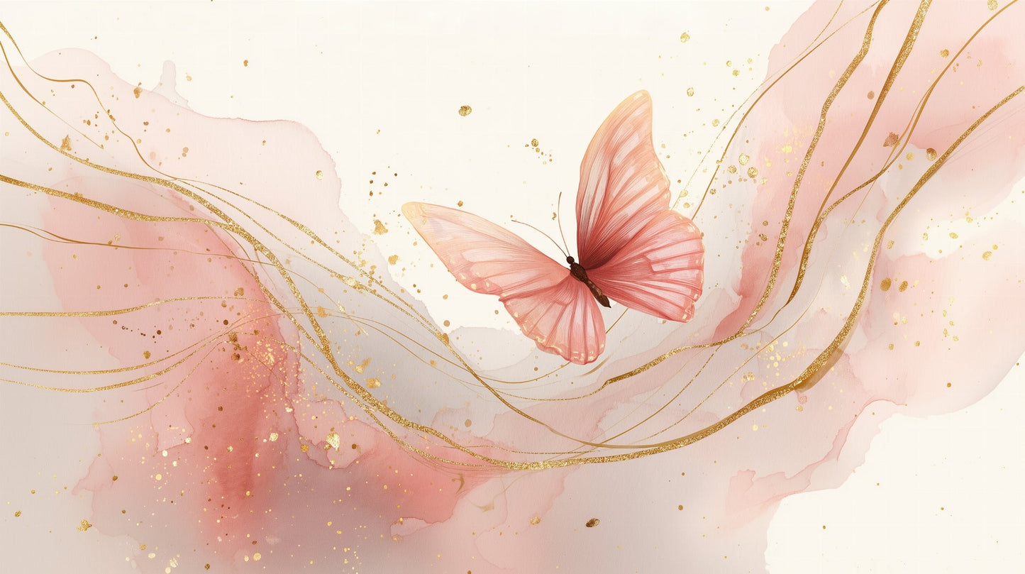 Flat artwork preview of the Kids-Mundo pink and gold watercolour butterfly wall mural.